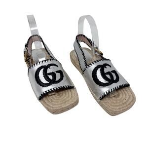 Gucci GG Logo Espadrille Sandals Silver Leather Slingback Flat 36